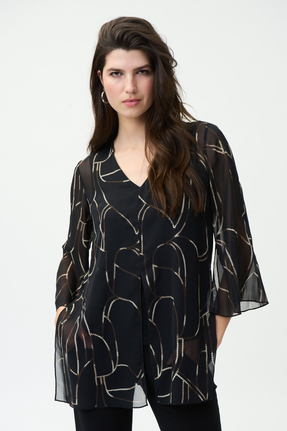 Joseph Ribkoff Black/Multi Chiffon Overlay Top Style 224093