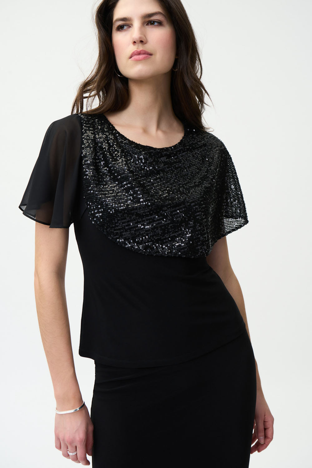 Joseph Ribkoff Black Top with sequined chiffon overlay Style 224095