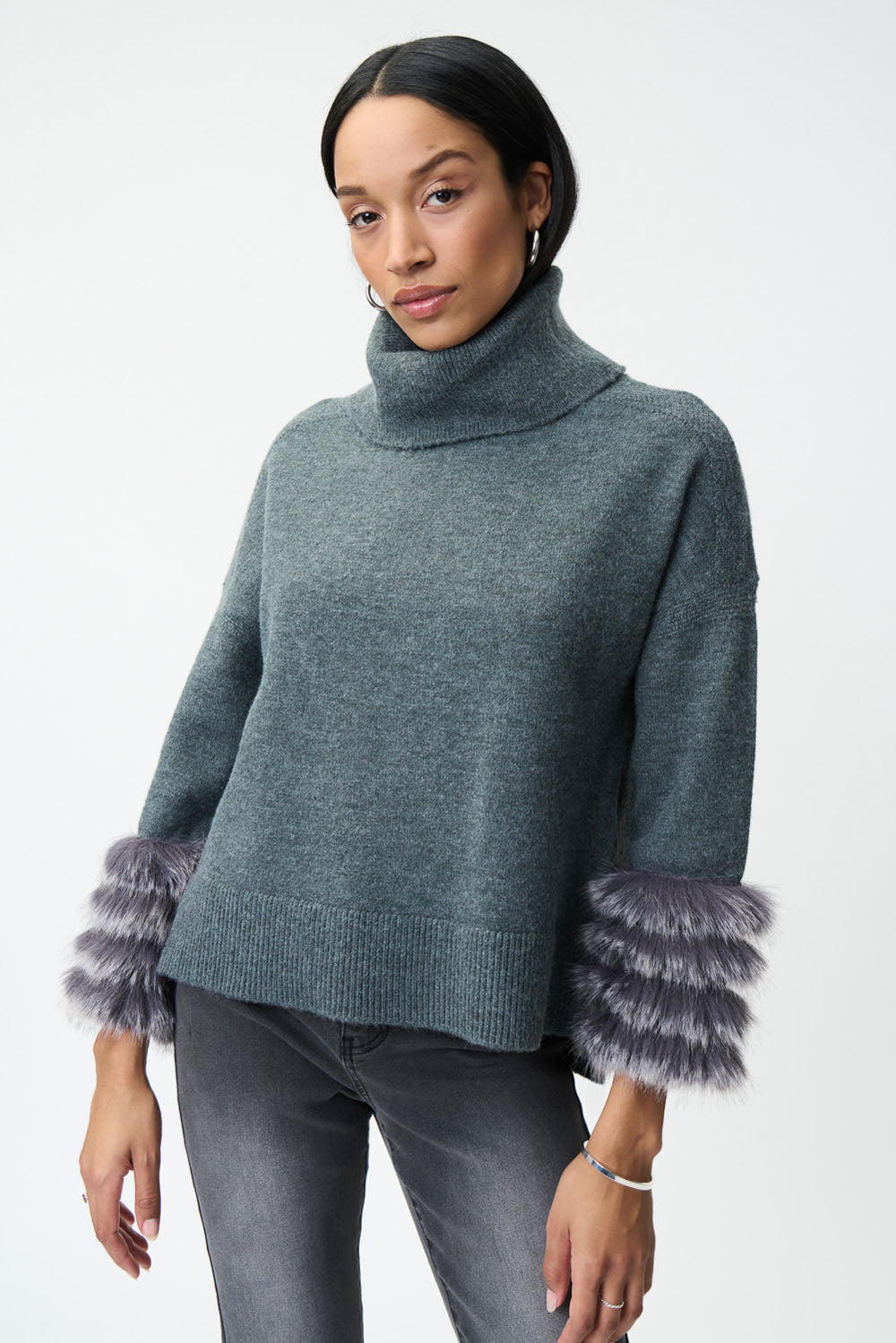 Joseph Ribkoff Grey Sweater with Faux Fur Trims Style 224940