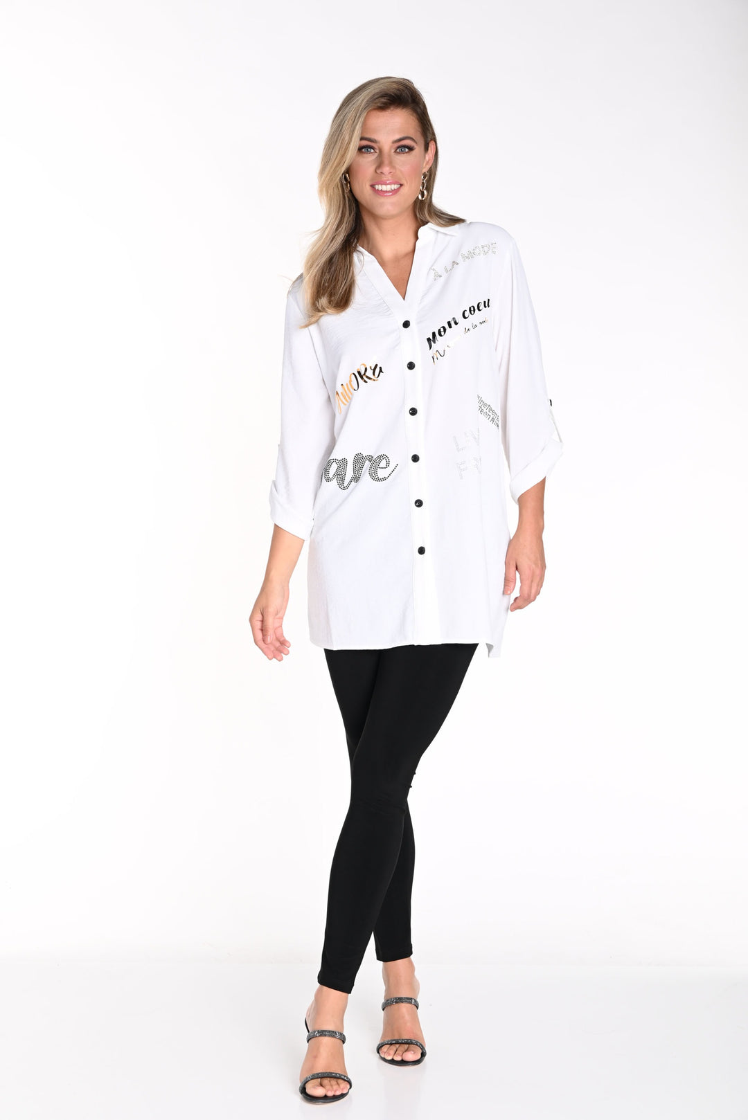 Frank Lyman Ivory Roll-Up Long Sleeve Button-Down Top Style 226194U