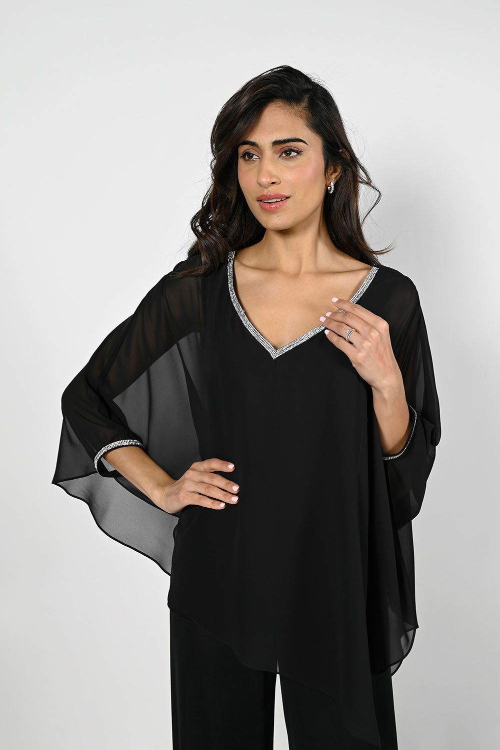 Frank Lyman Black Woven Top with Chiffon Overlay Style 229120