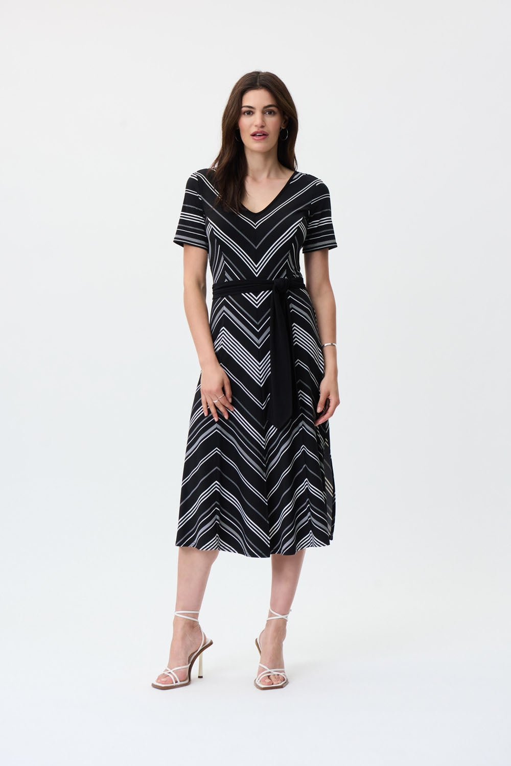 Joseph Ribkoff Black/Vanilla Fit And Flare Striped Midi Dress Style 231074