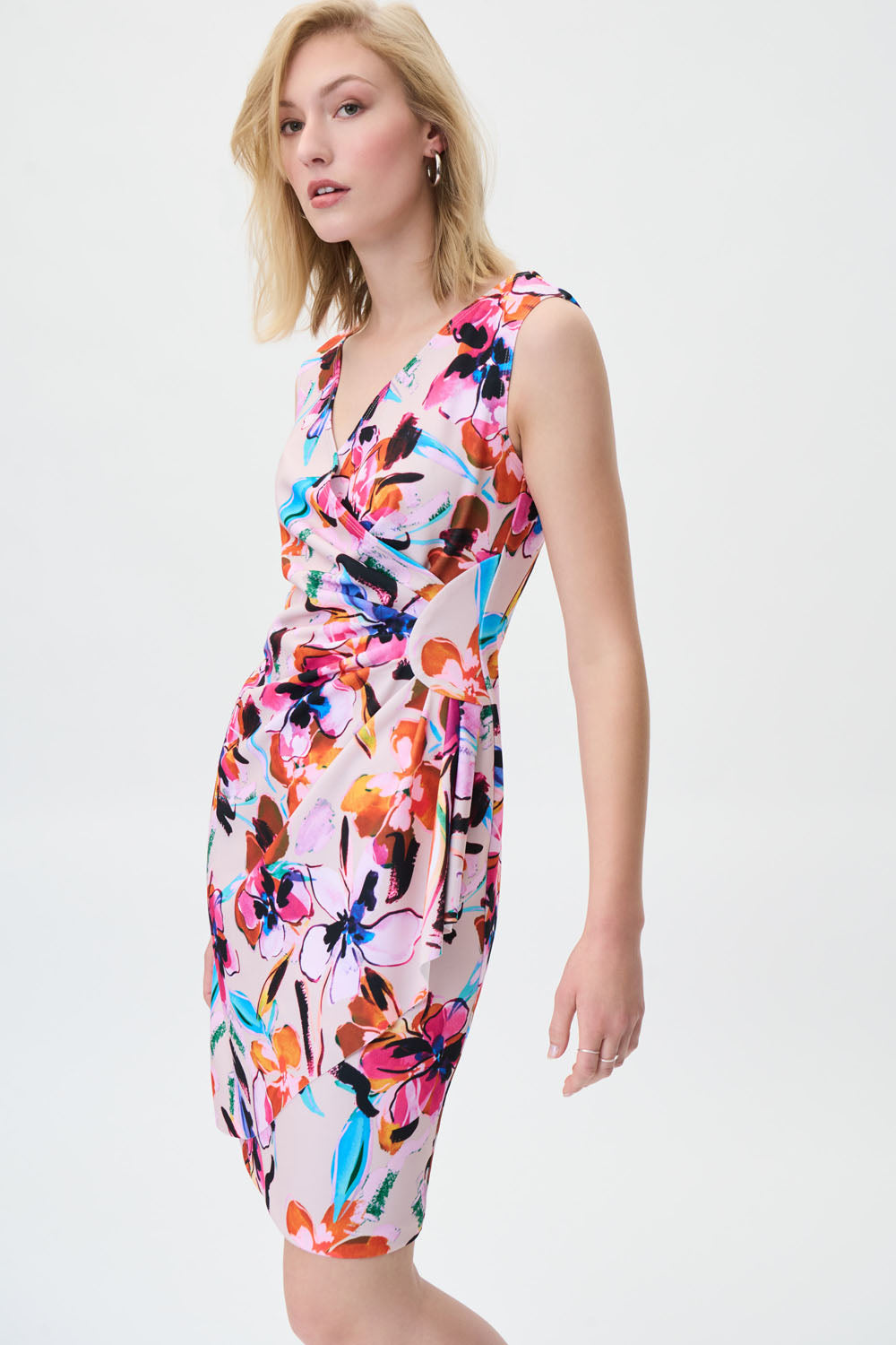 Joseph Ribkoff Beige/Multi Flower Print Wrap Dress Style 231172 DECABANA Joseph Ribkoff Beige/Multi Flower Print Wrap Dress Style 231172 DECABANA