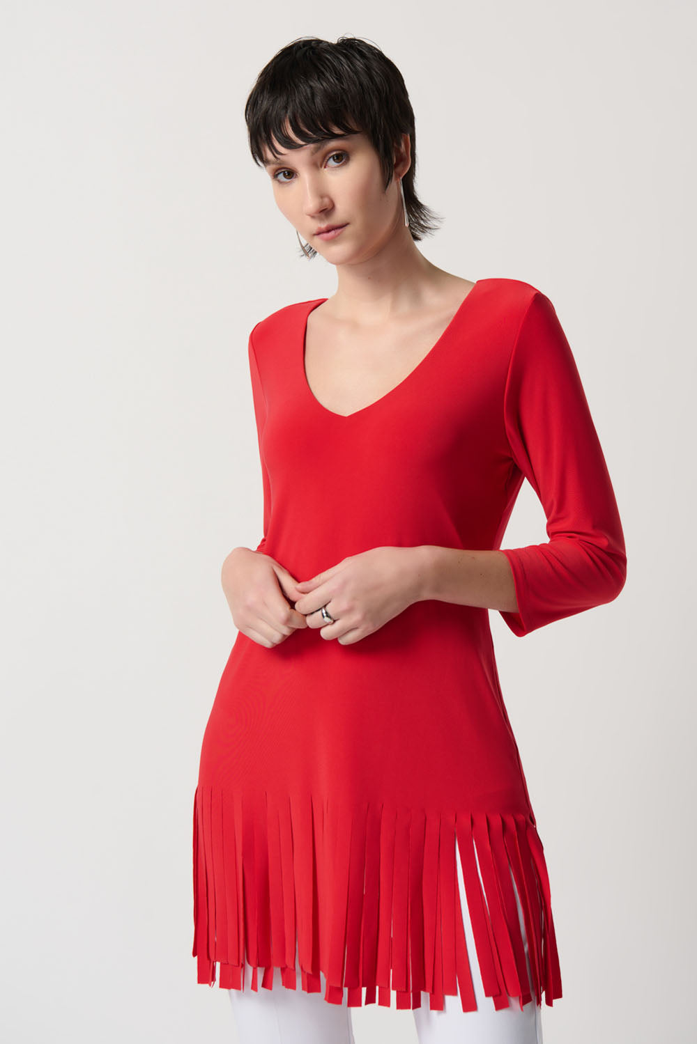 Joseph Ribkoff Magma Red Fringed Hem Tunic Style 231232