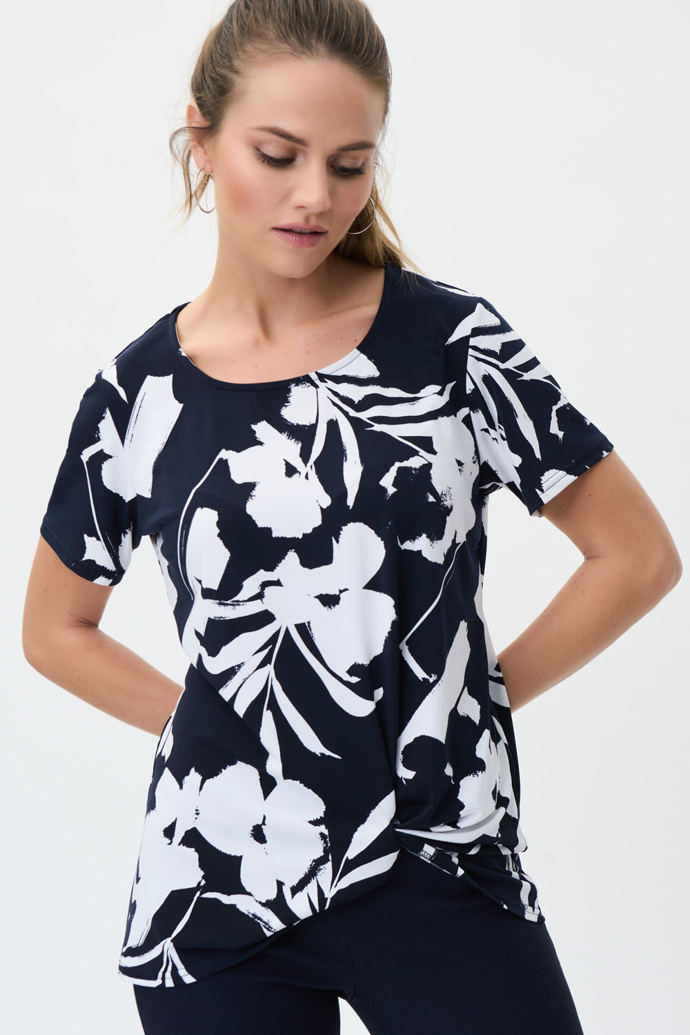 Joseph Ribkoff Midnight Blue/Vanilla Flower Print Top Style 231262