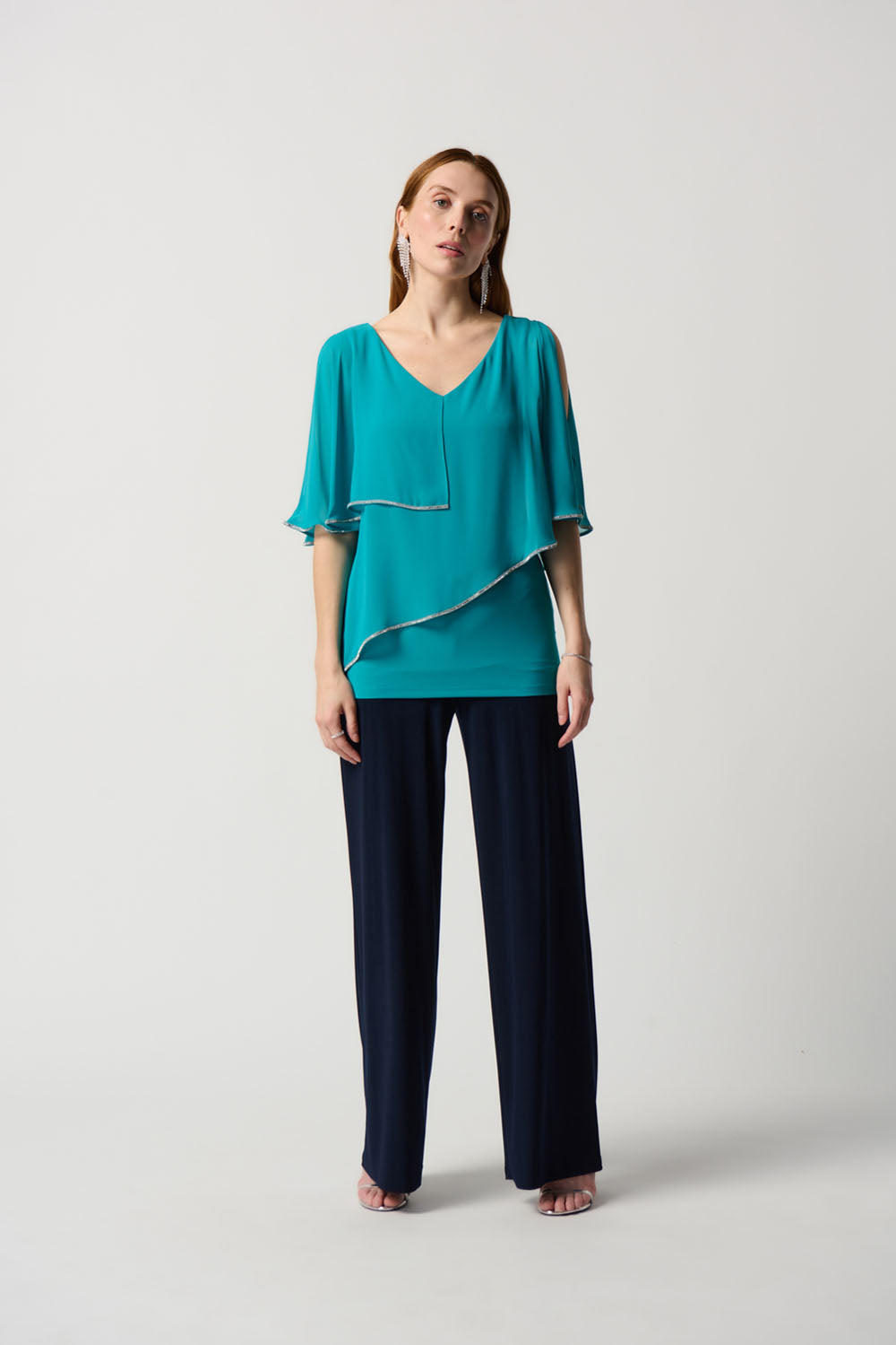 Joseph Ribkoff Ocean Blue Chiffon Poncho-Style V-Neck Top Style 231720