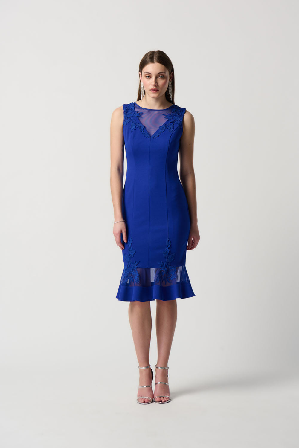 Joseph Ribkoff Royal Sapphire Scuba Crepe And Mesh Trumpet Dress Style 231729