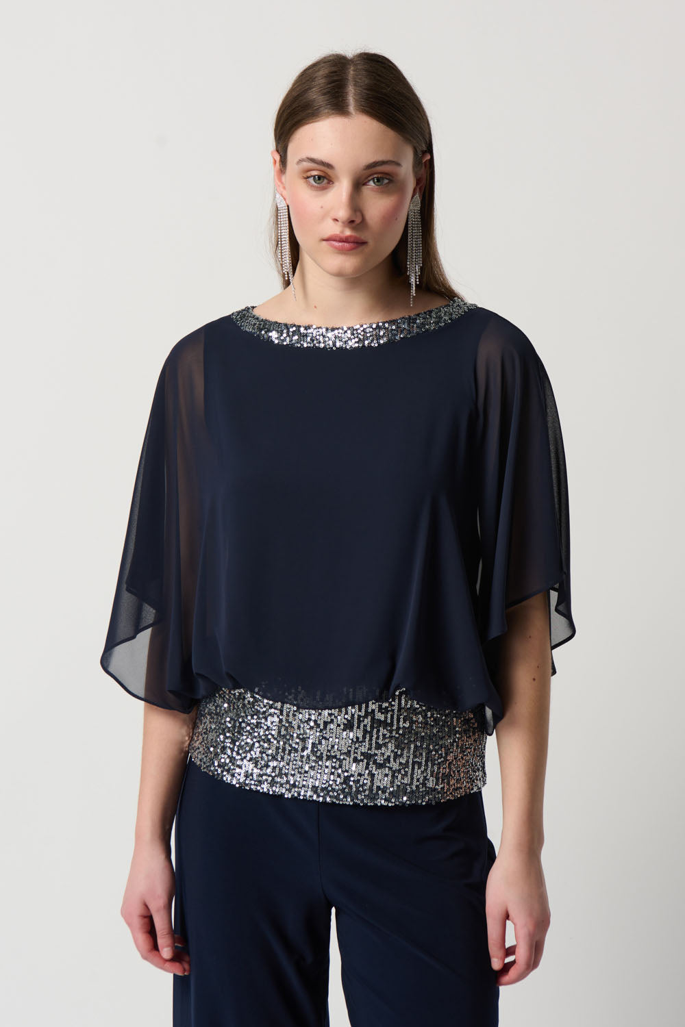 Joseph Ribkoff Midnight Blue/Silver Sequin Detail Poncho Top Style 231738