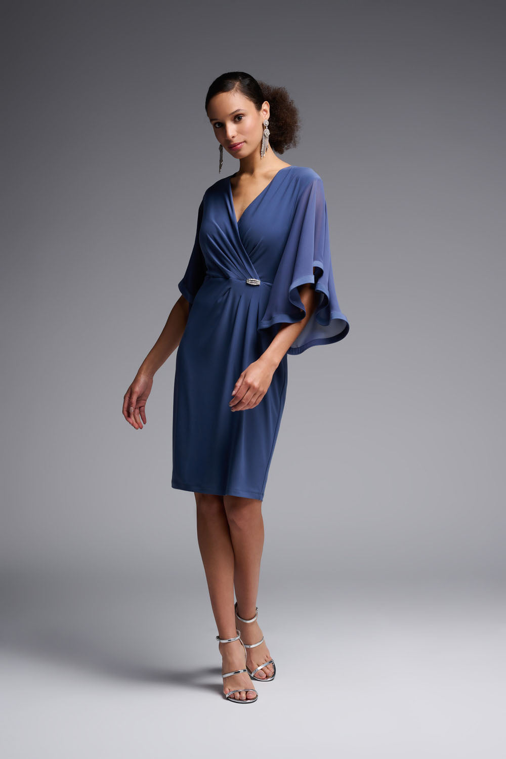 Joseph Ribkoff Mineral Blue Silky Knit And Chiffon Wrap Dress Style 231771