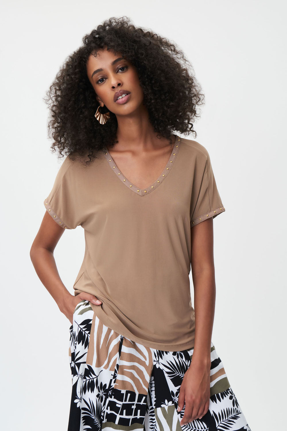 Joseph Ribkoff Tiger's Eye V-Neck Short Sleeve Top With Studs Style 232024