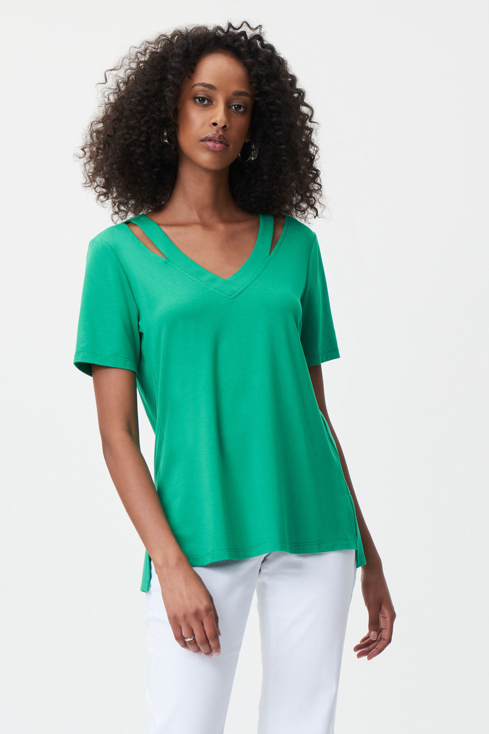 Joseph Ribkoff Foliage Short-Sleeve V-Neck Top Style 232219