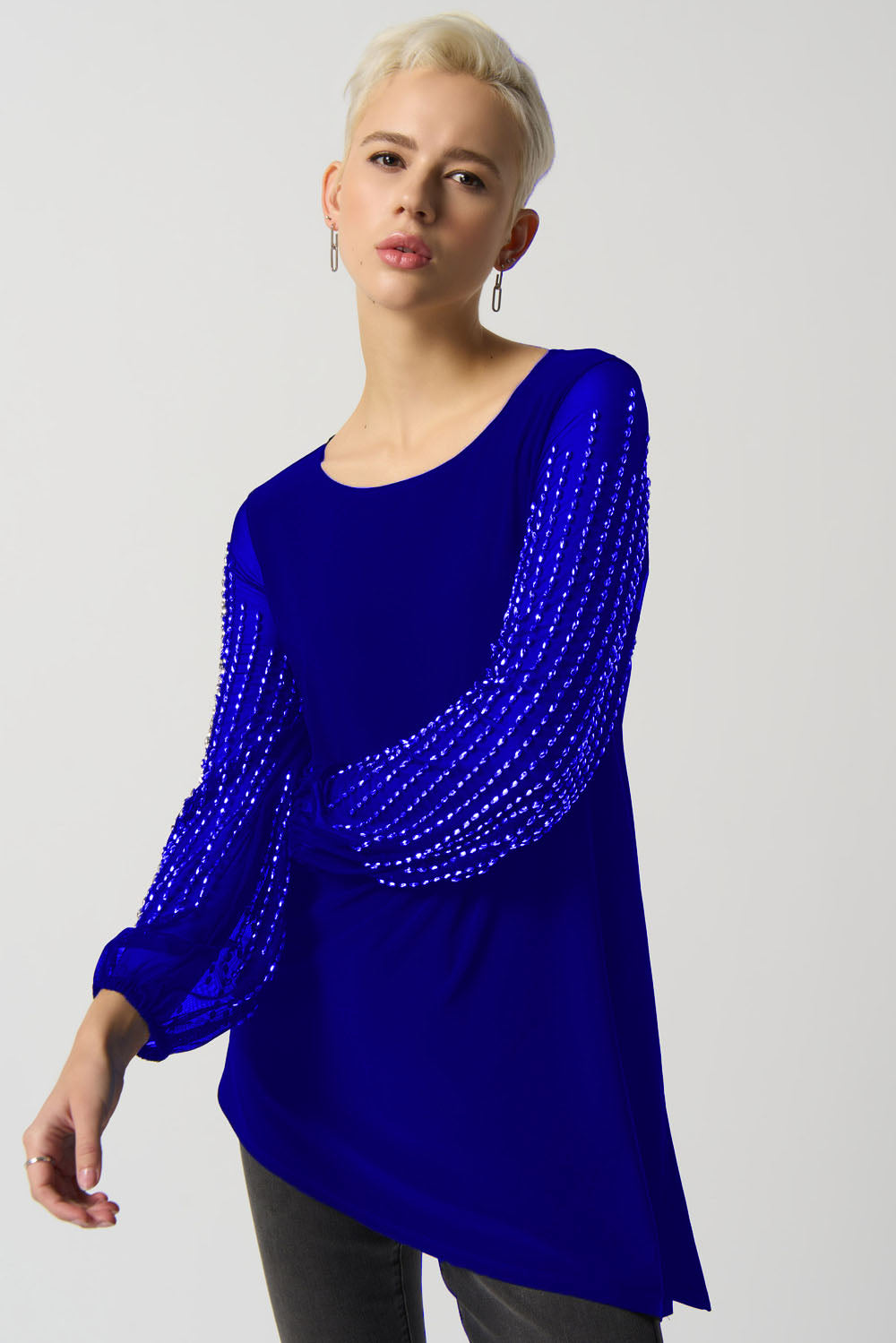 Joseph Ribkoff Royal Sapphire Puff Sleeve Asymmetrical Tunic Style 233002