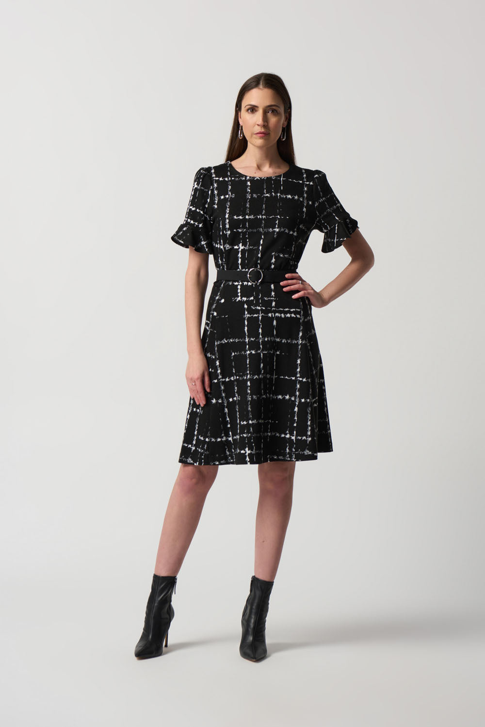 Joseph Ribkoff Ruffle Dress Joseph Ribkoff Black/Multi Plaid Jacquard Ruffled Dress Style 233004 ...