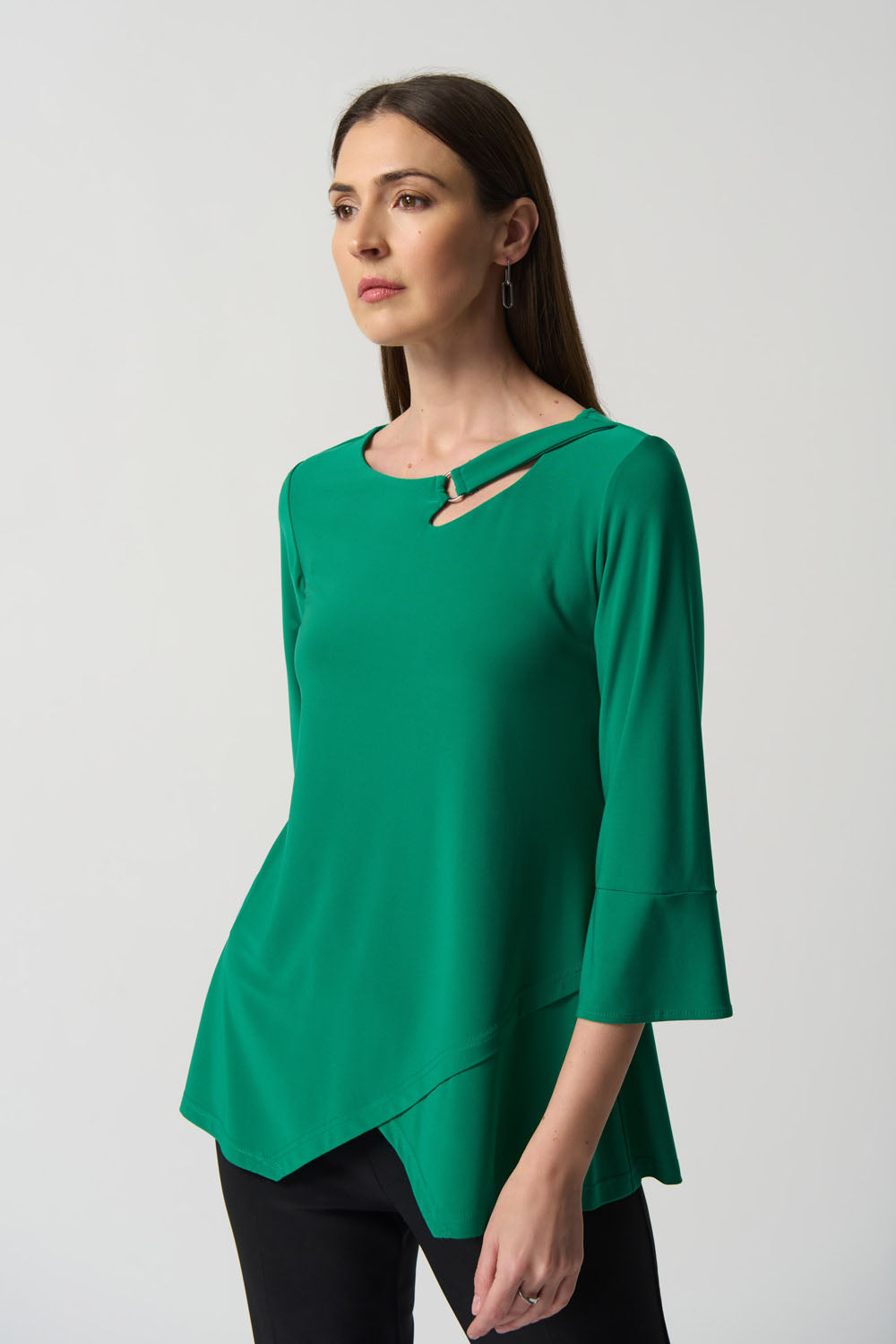 Joseph Ribkoff Kelly Green Keyhole Neckline Bell Sleeve Top Style 233081