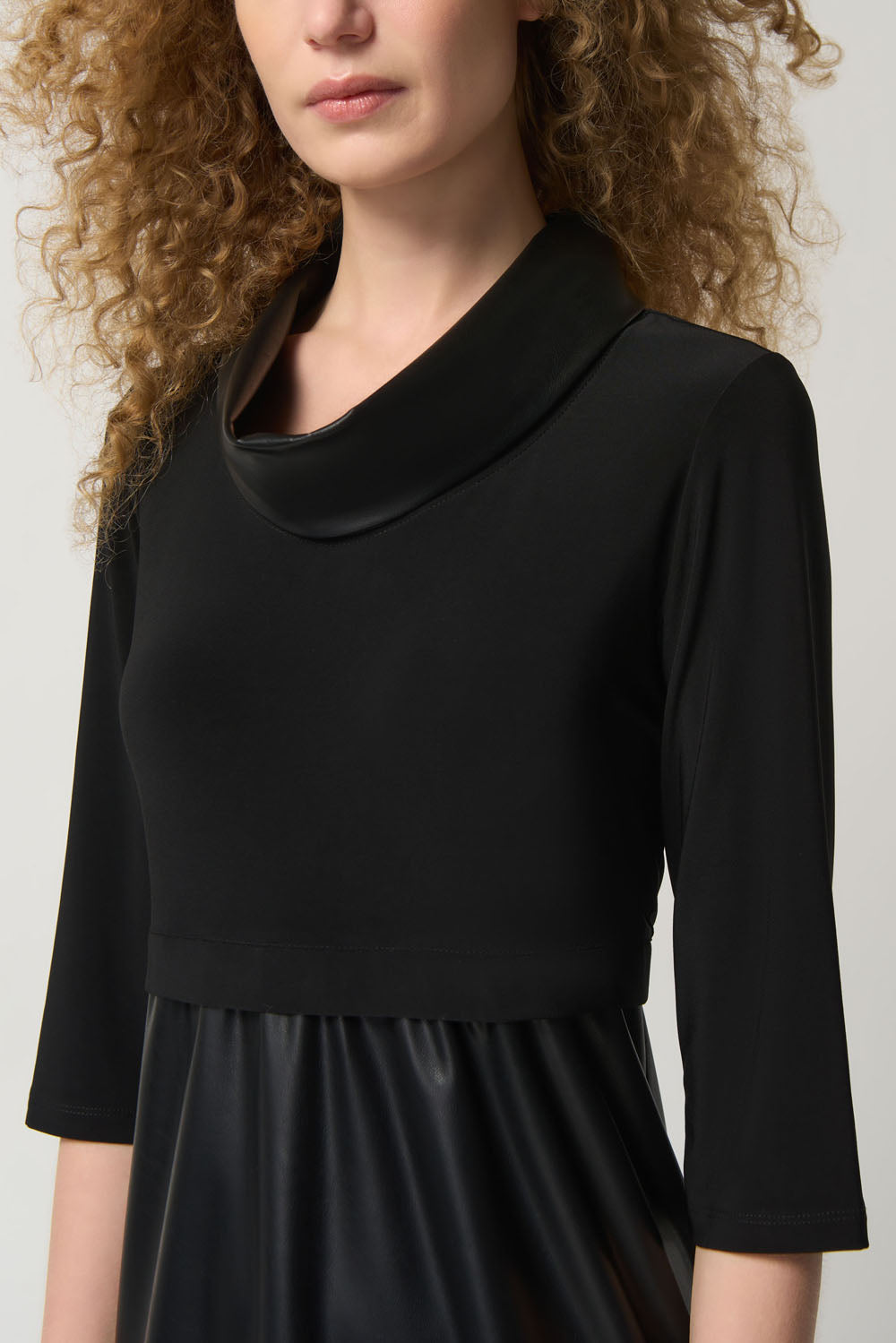Joseph Ribkoff Black Faux-Leather and Knit Cocoon Dress Style 233091 Joseph Ribkoff Black Faux-Leather and Knit Cocoon Dress Style 233091