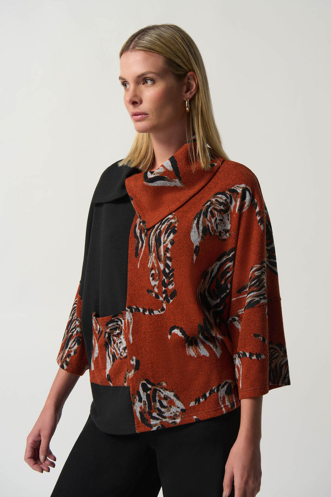 Joseph Ribkoff Tandoori/Multi Tiger Print Overlap Collar Top Style