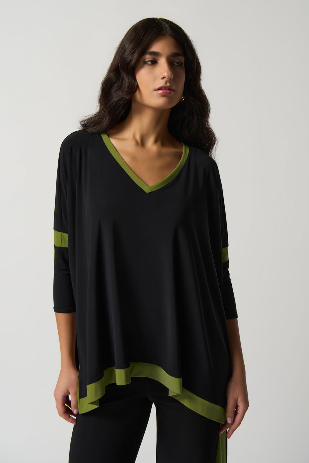 Joseph Ribkoff Black/Avocado Colour-Block V-Neck Top Style 233101