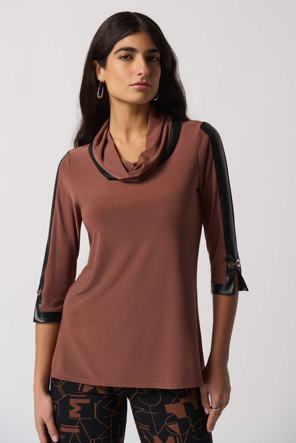 Joseph Ribkoff Toffee Faux-Leather Trim Tunic Style 233107