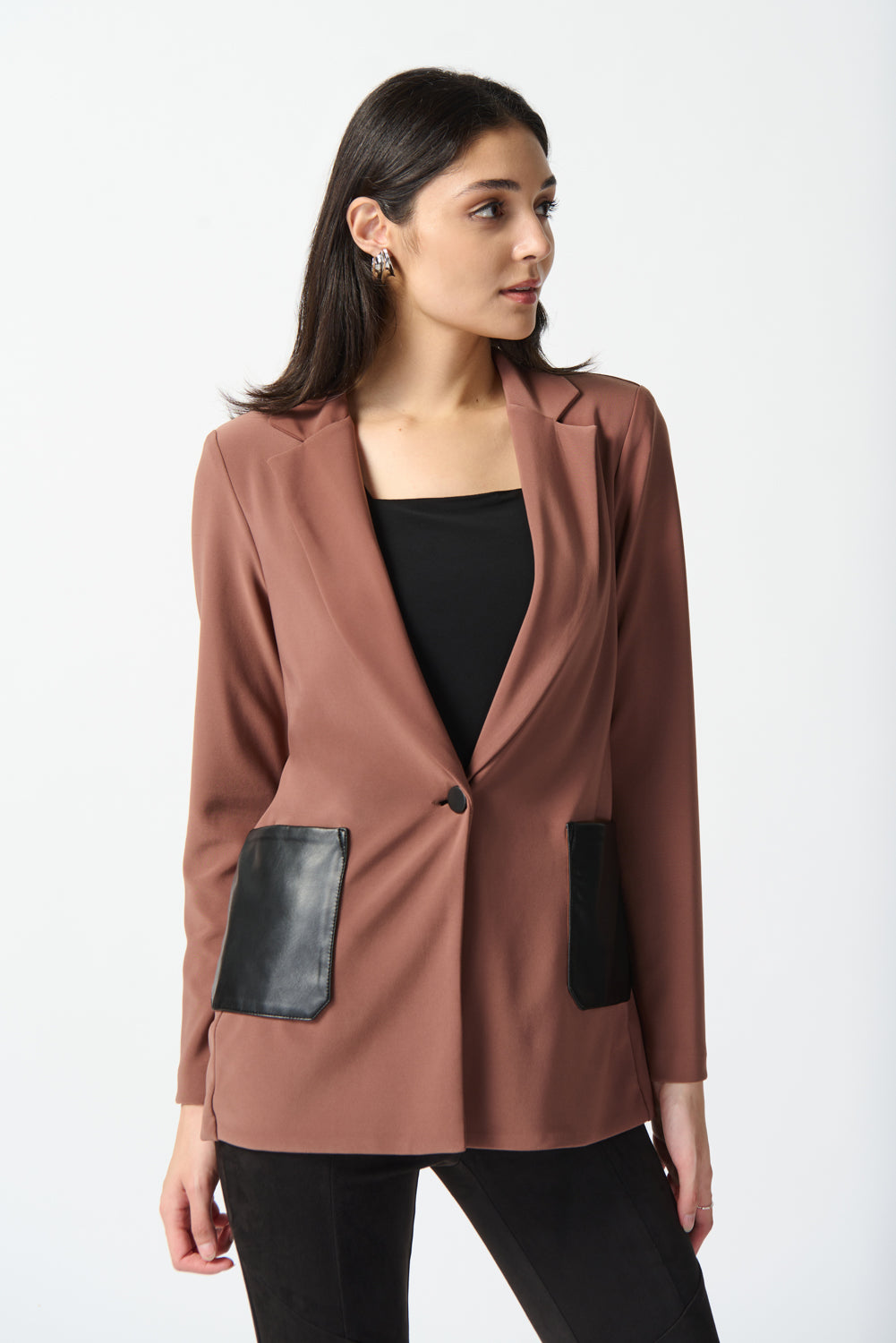 Joseph Ribkoff Toffee/Black Faux-Leather Pocket Blazer Style 233108