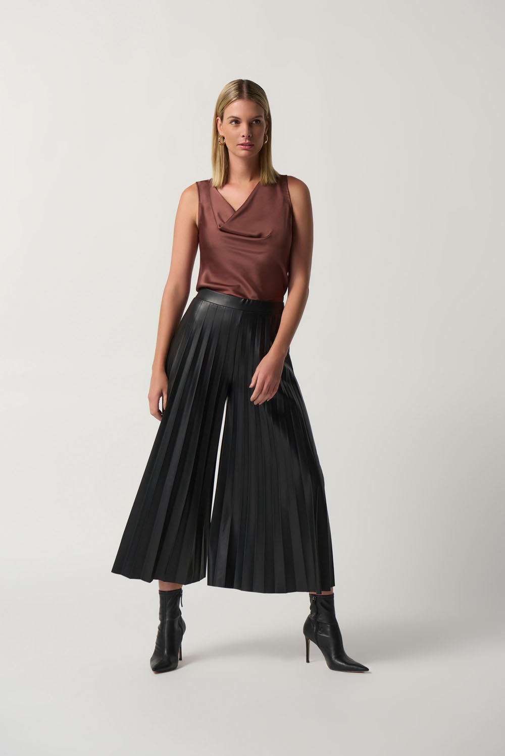 Joseph Ribkoff Black Pleated Faux-Leather Culotte Pants Style 233109