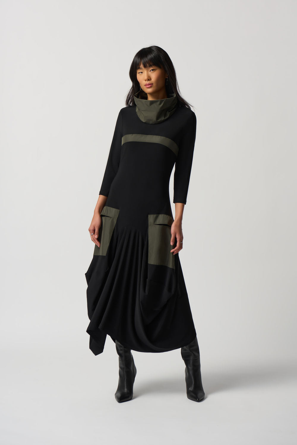 Joseph Ribkoff Black/Avocado Cowl Neck Cocoon Dress with Pockets Style 233110