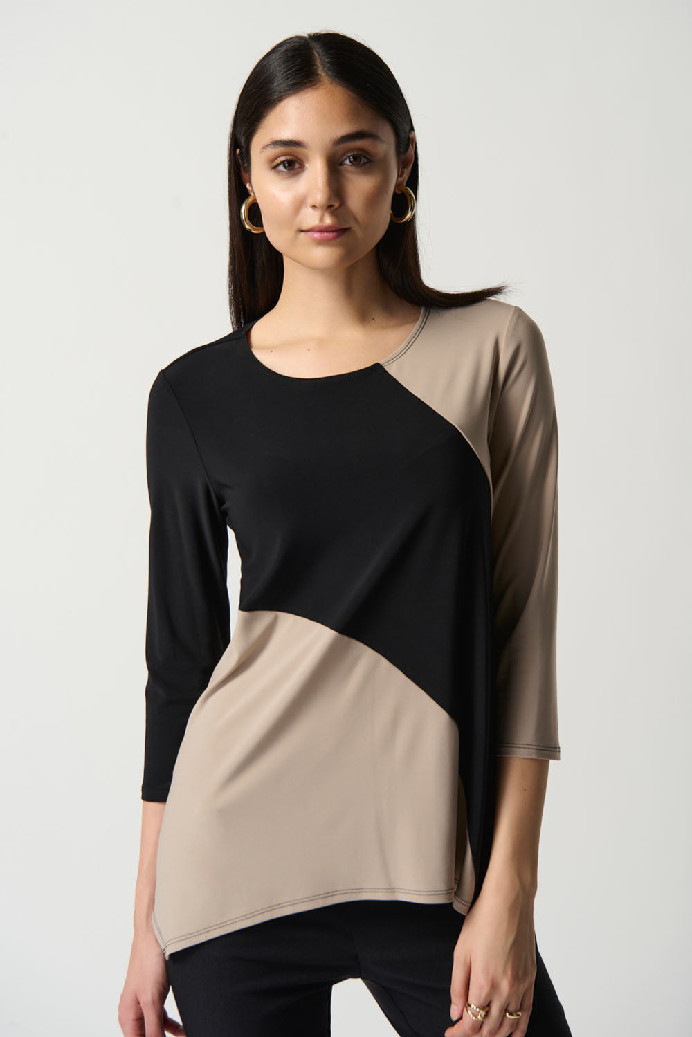 Joseph Ribkoff Black/Latte Asymmetrical Colour-Block Top Style 233118