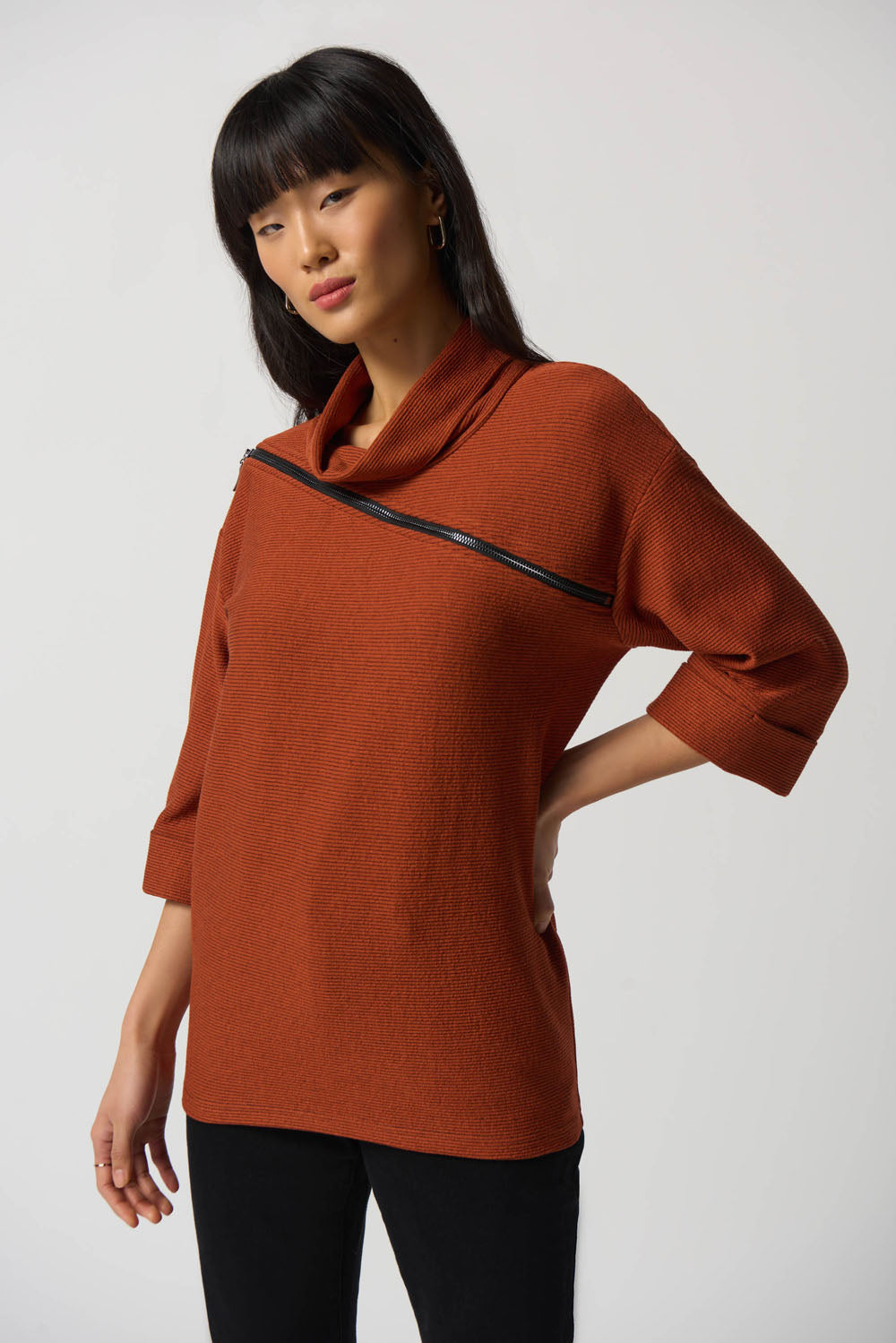 Joseph Ribkoff Tandoori/Black Cowl-Collar Boxy Sweater Style 233126