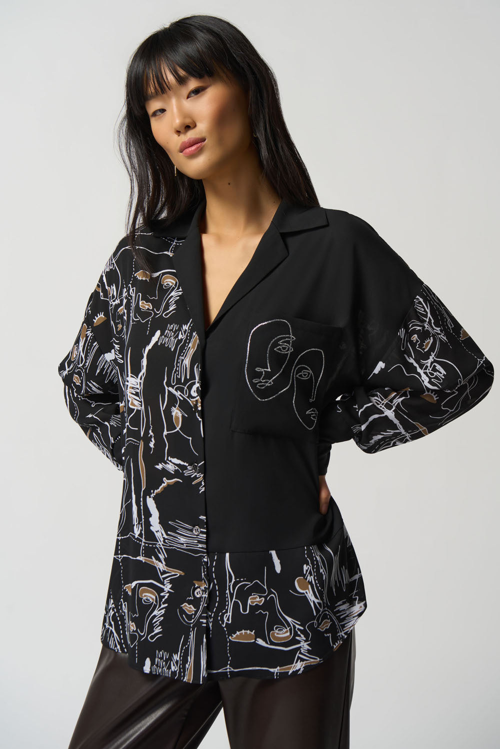 Joseph Ribkoff Black/Multi Face Print Button-Down Blouse Style 233128