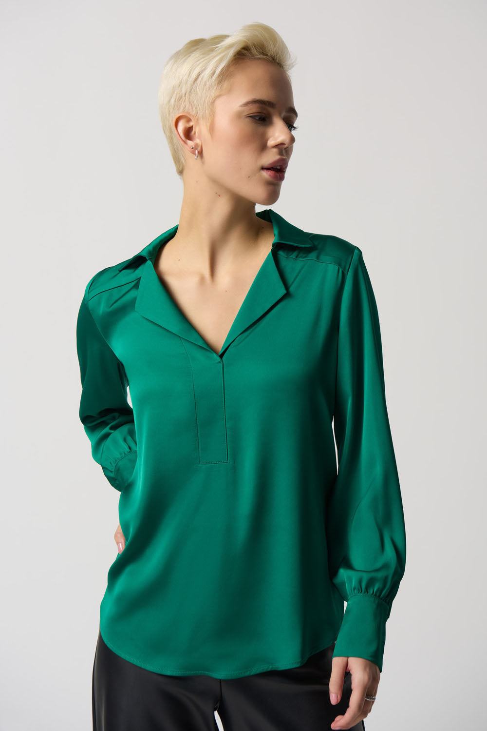 Joseph Ribkoff Kelly Green Notched Collar Satin Blouse Style 233135