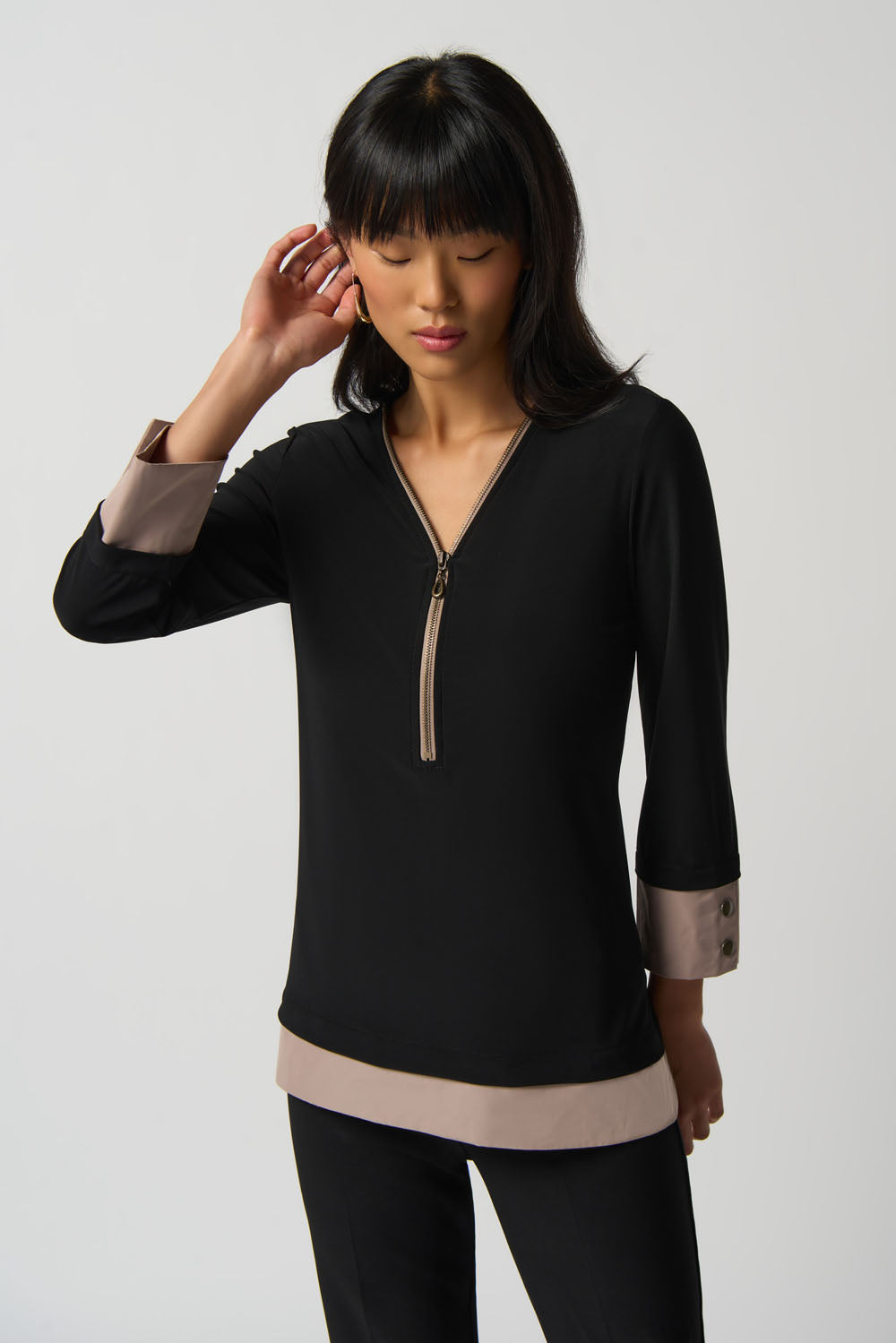 Joseph Ribkoff Black/Latte Zipped Neckline Top Style 233144