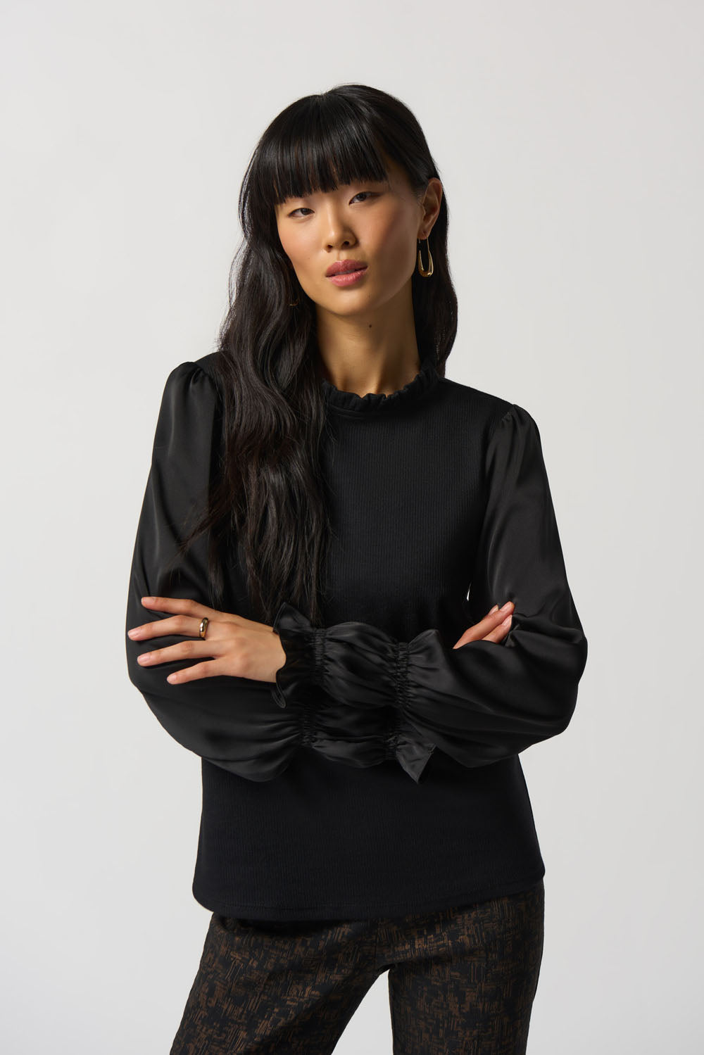 Joseph Ribkoff Black Ruffled Collar Puff Sleeve Top Style 233147