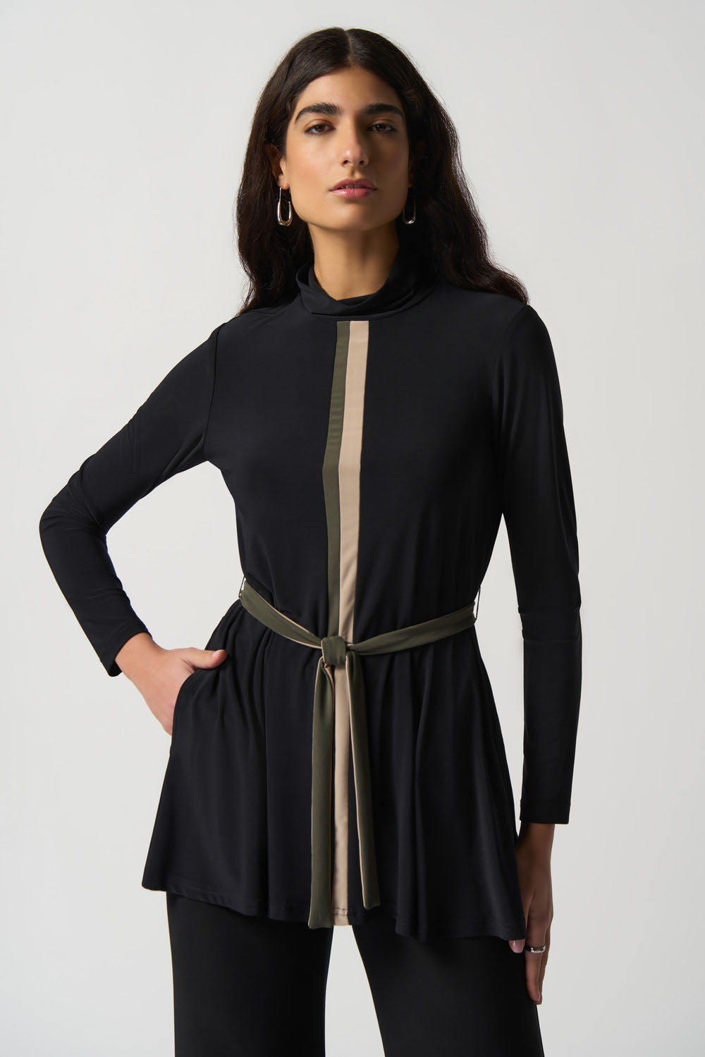 Joseph Ribkoff Black/Latte/Avocado Colour-Block Turtleneck Tunic Style 233187