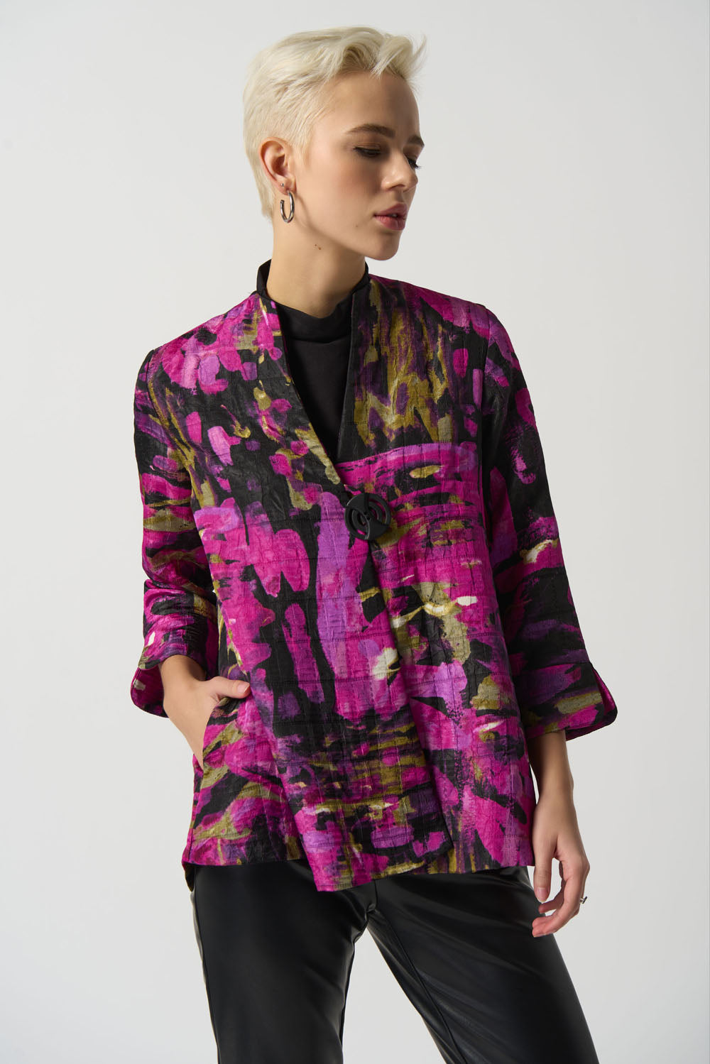 Joseph Ribkoff Black/Multi Abstract Print Trapeze Jacket Style 233192