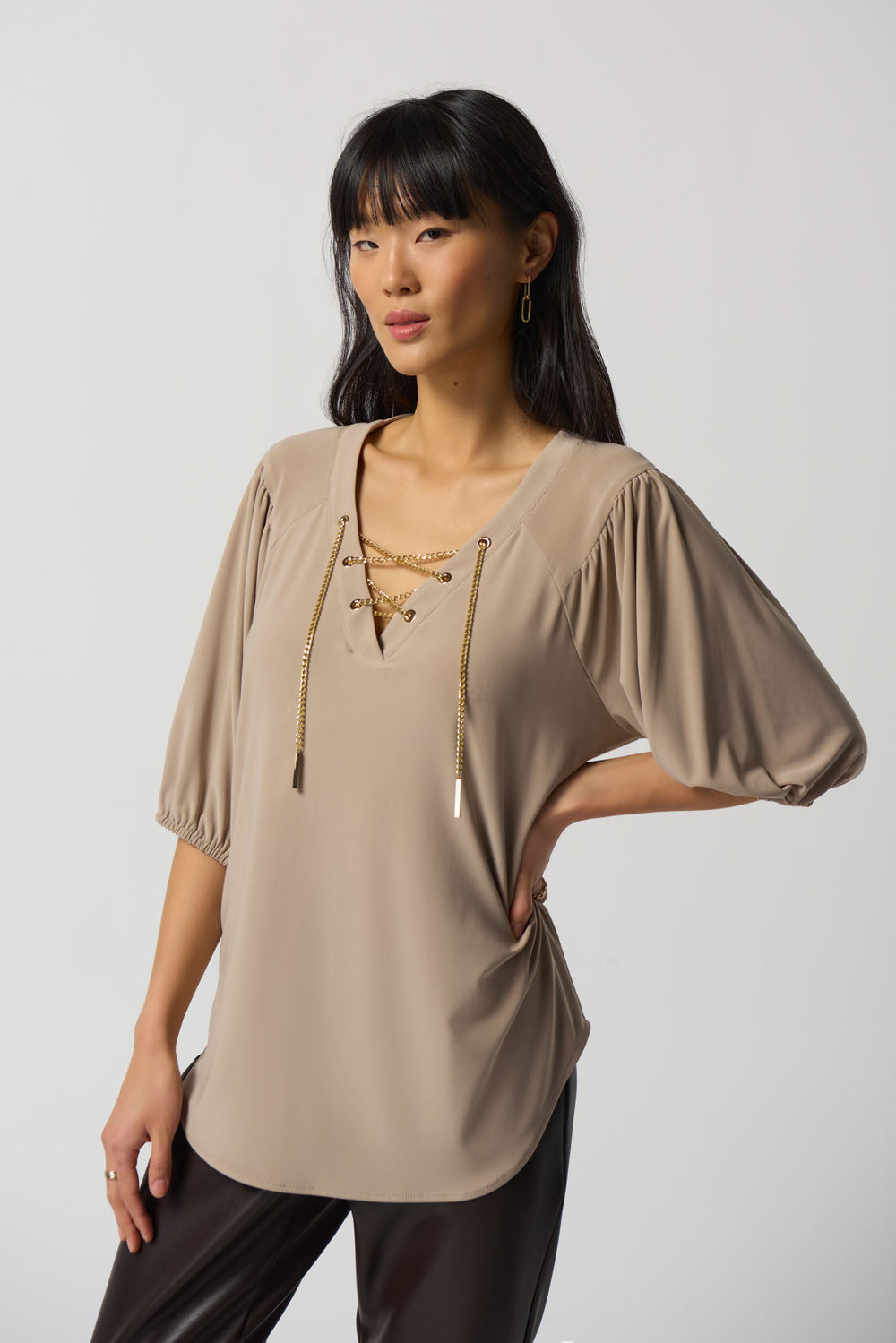 Joseph Ribkoff Latte Chain Detail Puff Sleeve Top Style 233203