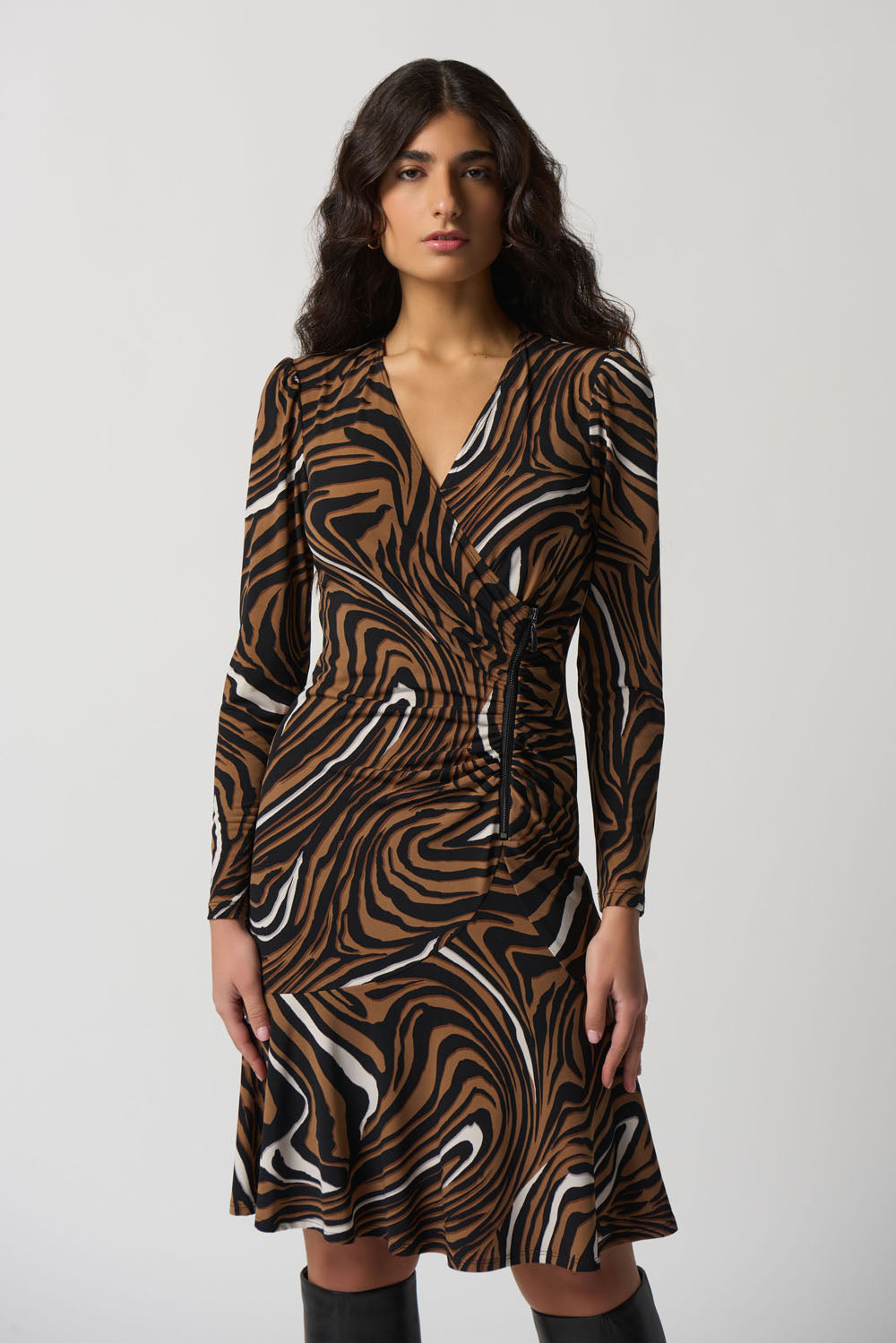 Joseph Ribkoff Ruched Dress Joseph Ribkoff Black/Multi Ruched Wrap Dress Style 233221 – DECABANA