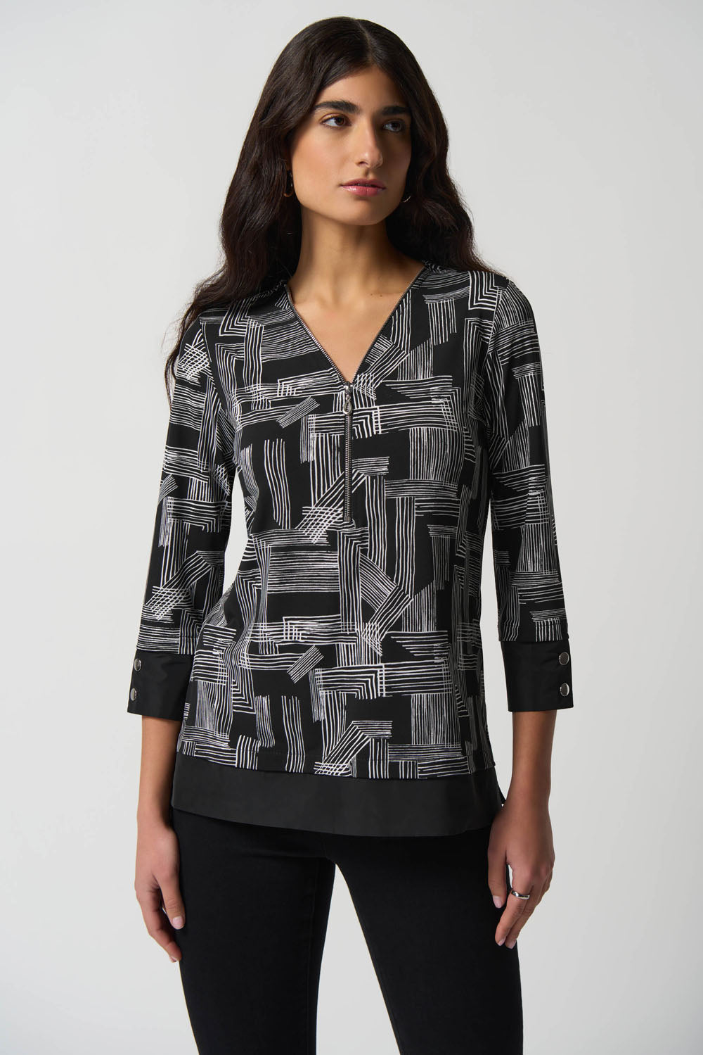 Joseph Ribkoff Black/Vanilla Abstract Print Cuffed Sleeve Top Style 233225