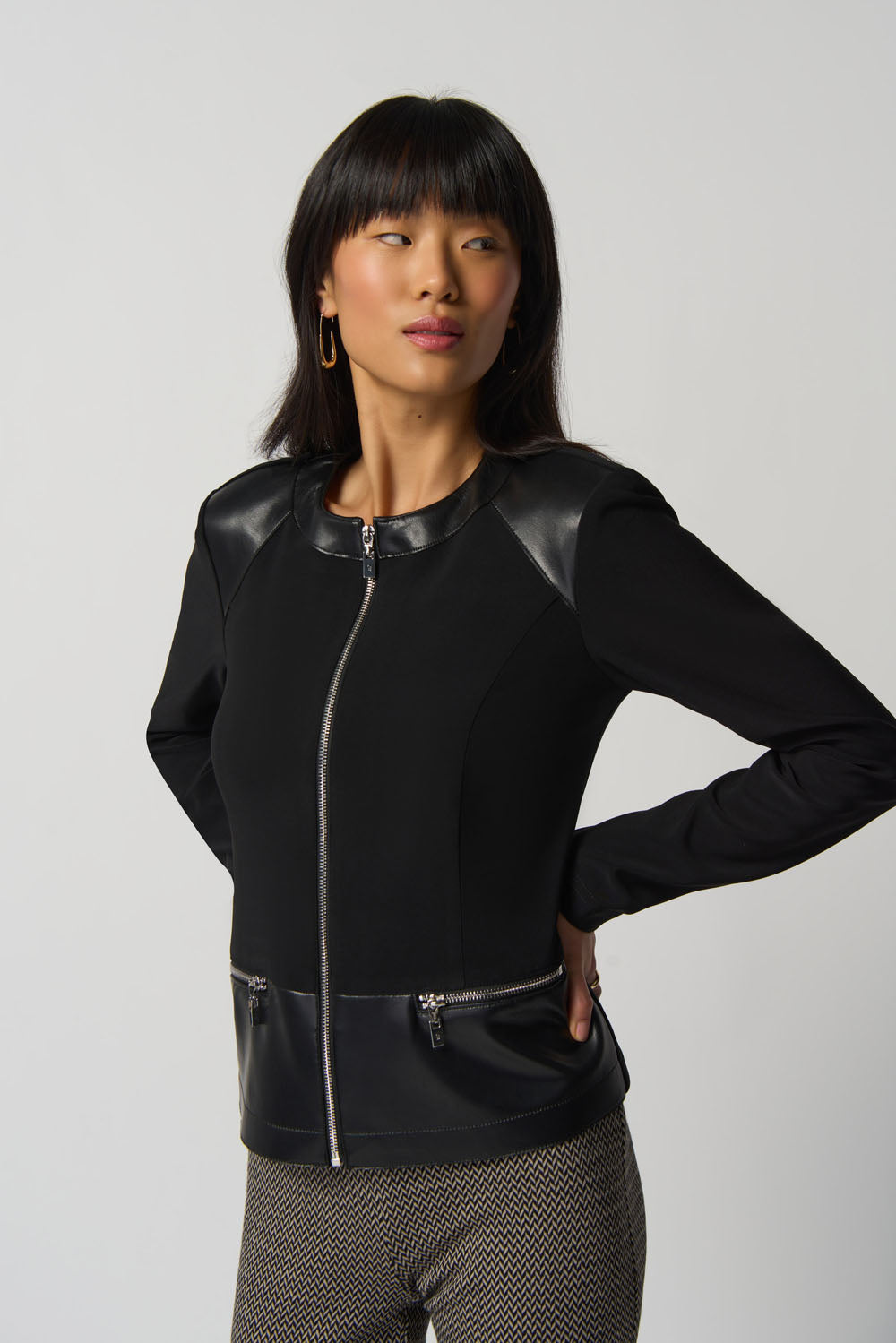 Joseph Ribkoff Black Faux Leather Peplum Jacket Style 233240