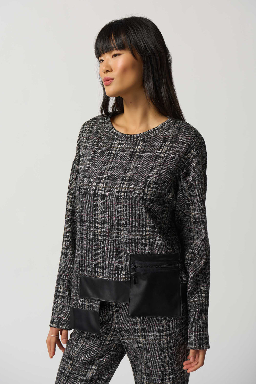 Joseph Ribkoff Black/Multi Plaid Long Sleeve Top Style 233252