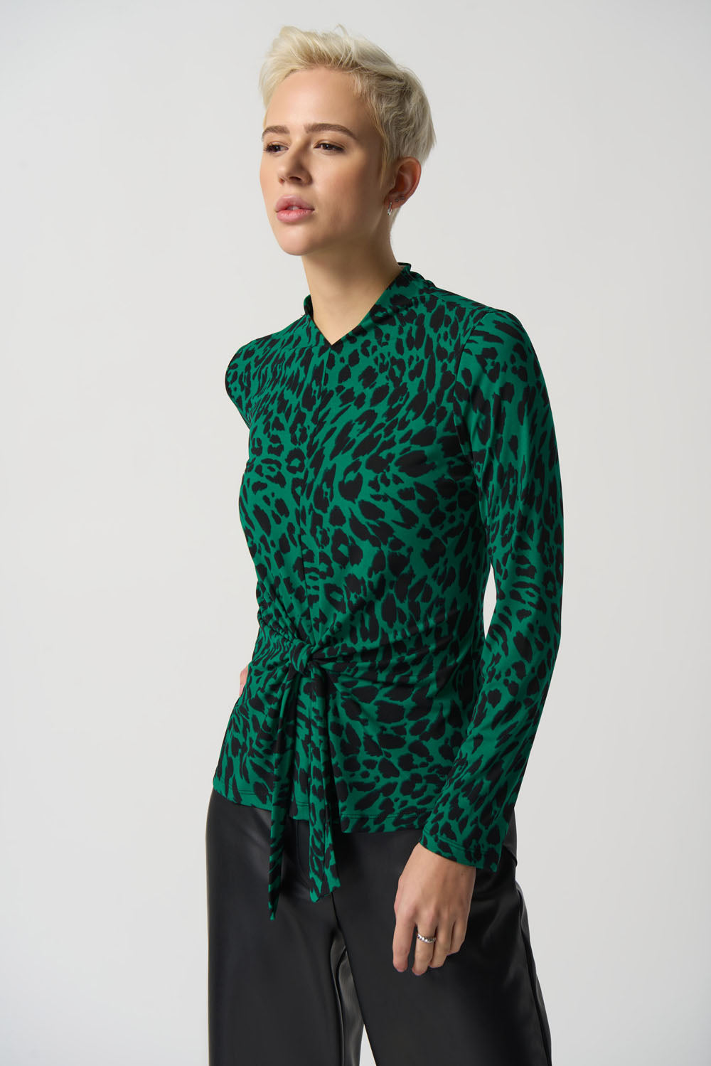 Joseph Ribkoff Black/Green Animal Print Mock Collar Top Style 233256