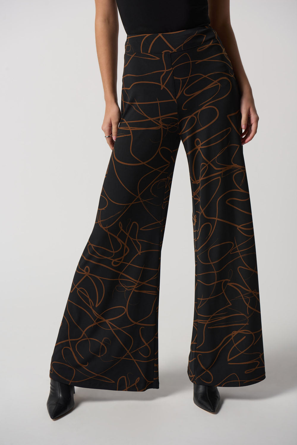 Joseph Ribkoff Black/Toffee Abstract Print Wide-Leg Pants Style 233269