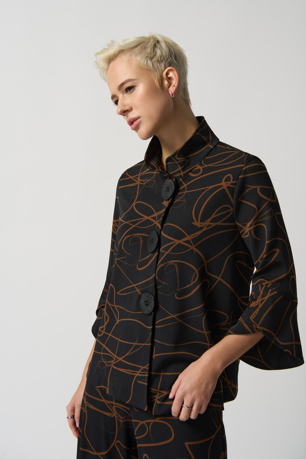 Joseph Ribkoff Black/Toffee Abstract Print Trapeze Jacket Style 233270