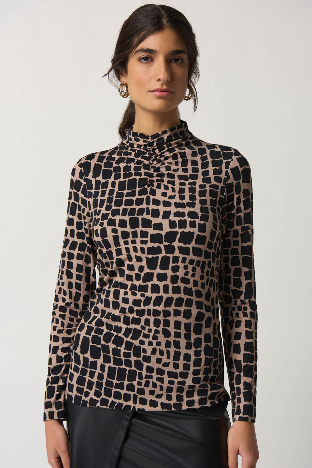 Joseph Ribkoff Black/Latte Mock Neck Animal Print Top Style 233290