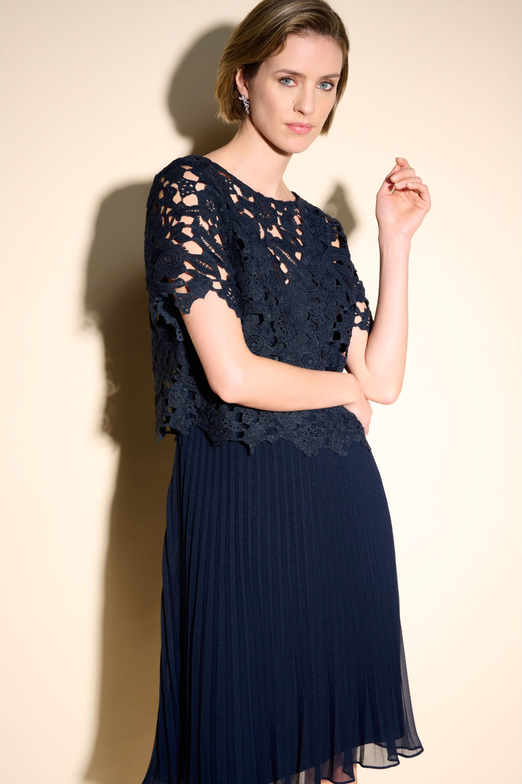 Joseph Ribkoff Midnight Blue Chiffon Pleated Dress Style 233707