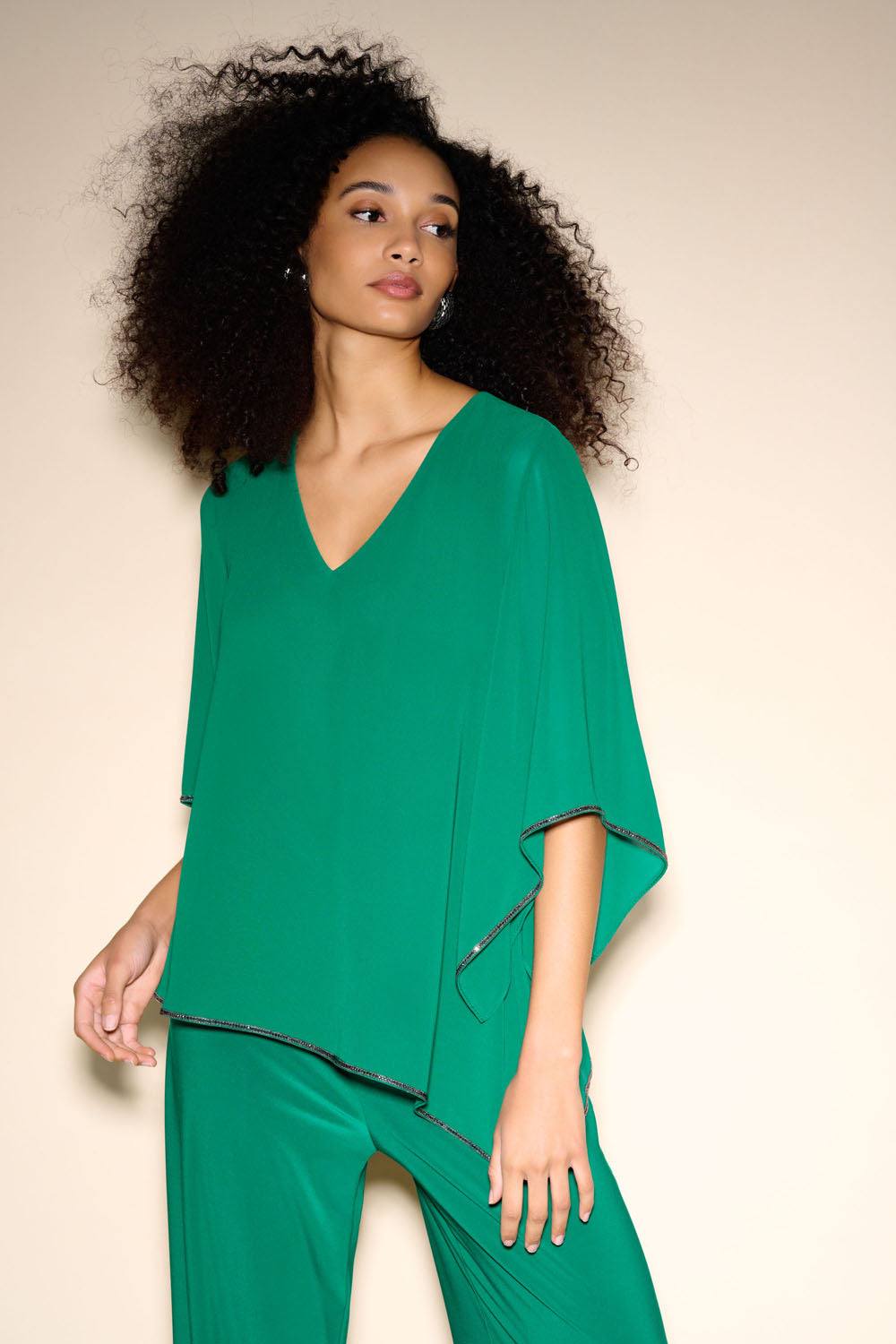 Joseph Ribkoff True Emerald Chiffon V-Neck Top Style 233781