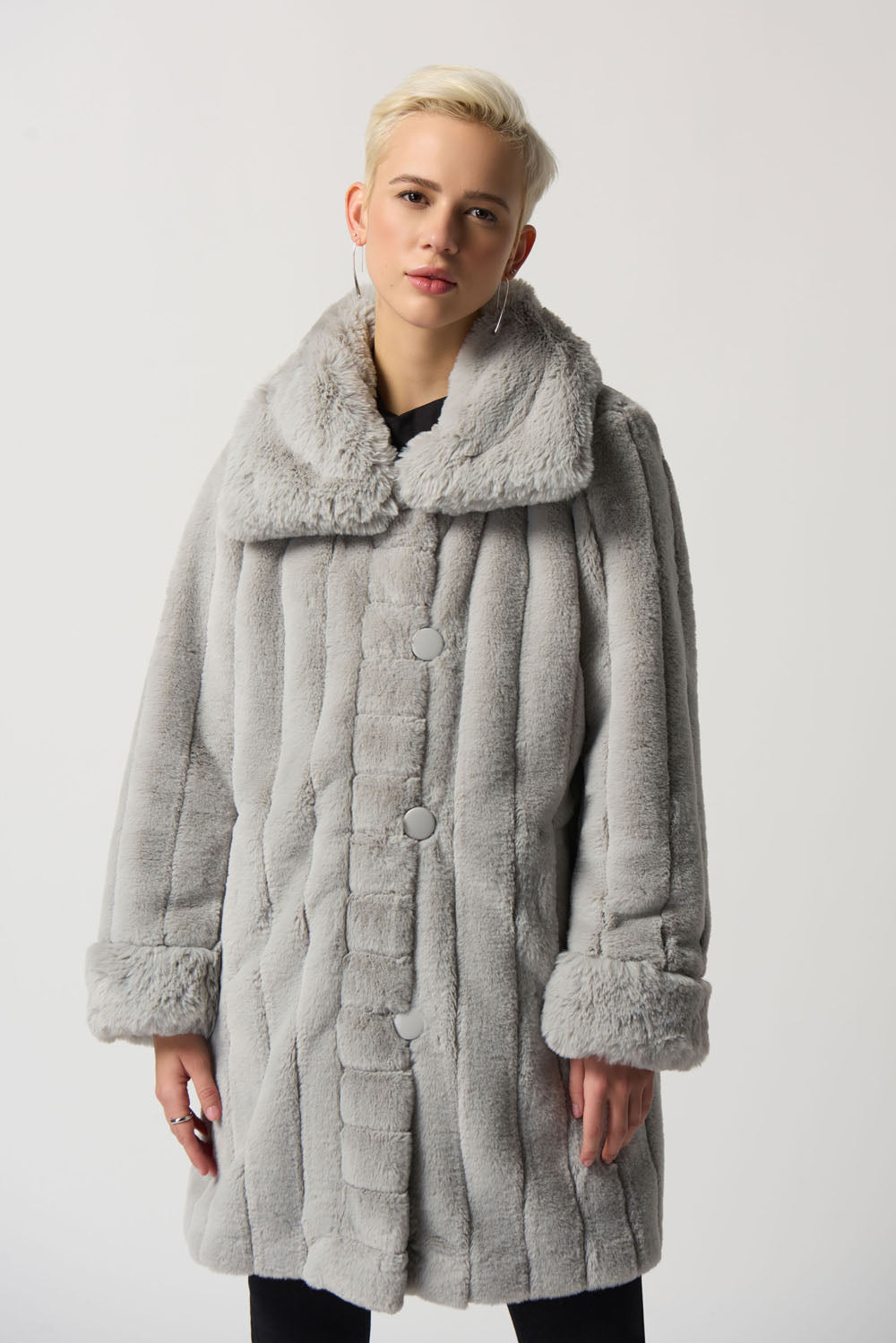 Joseph Ribkoff Silver Faux Fur Reversible Puffer Coat Style 233900