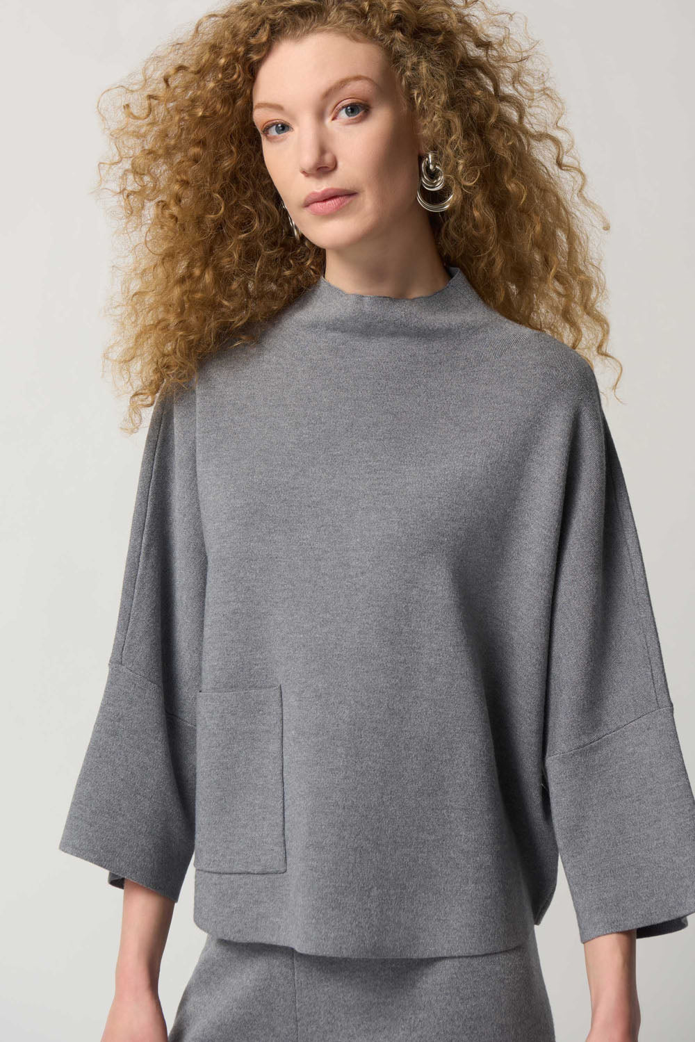 Joseph Ribkoff Grey Mélange Funnel Neck Boxy Top Style 233907