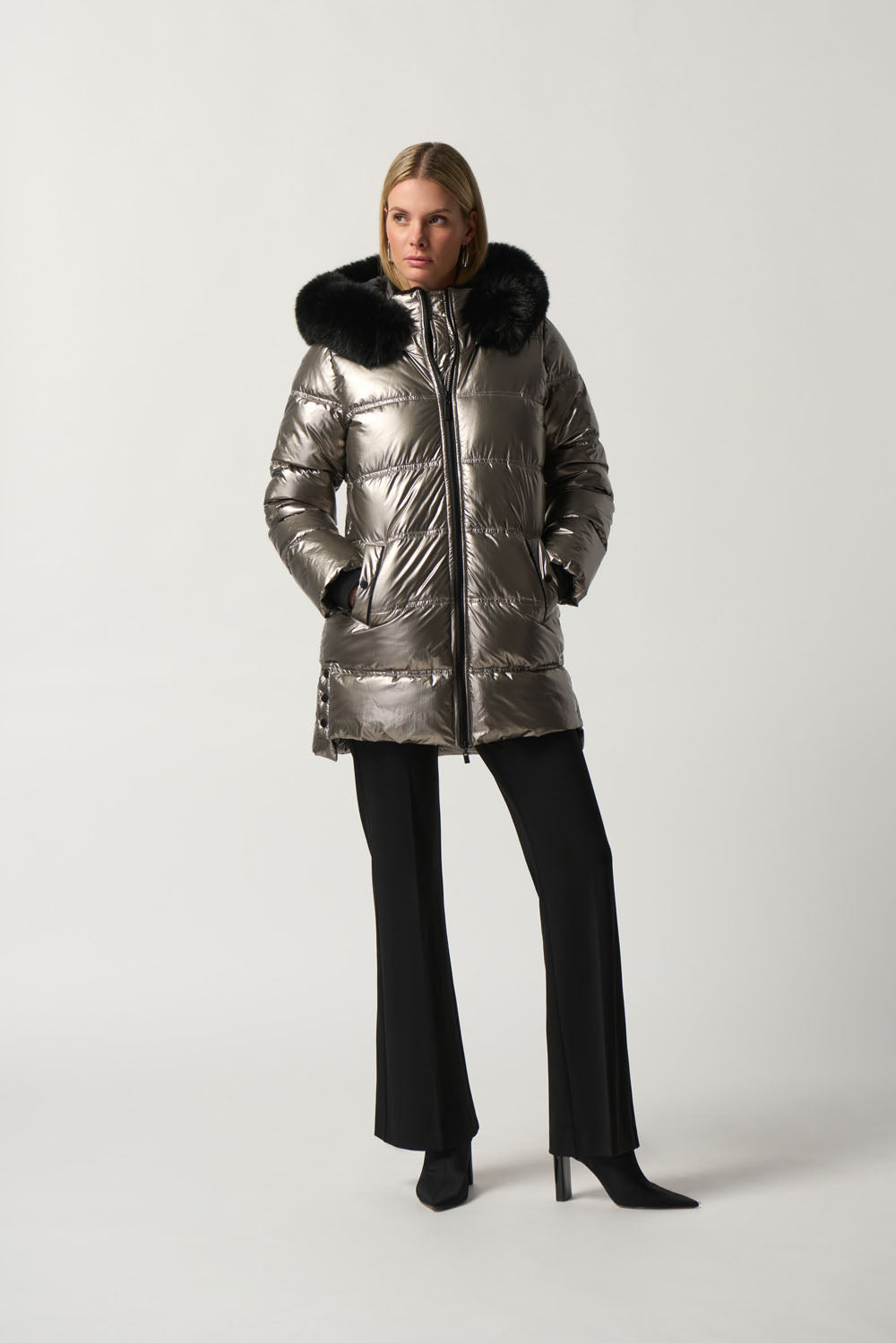 Joseph Ribkoff Pewter Hooded Puffer Coat Style 233923