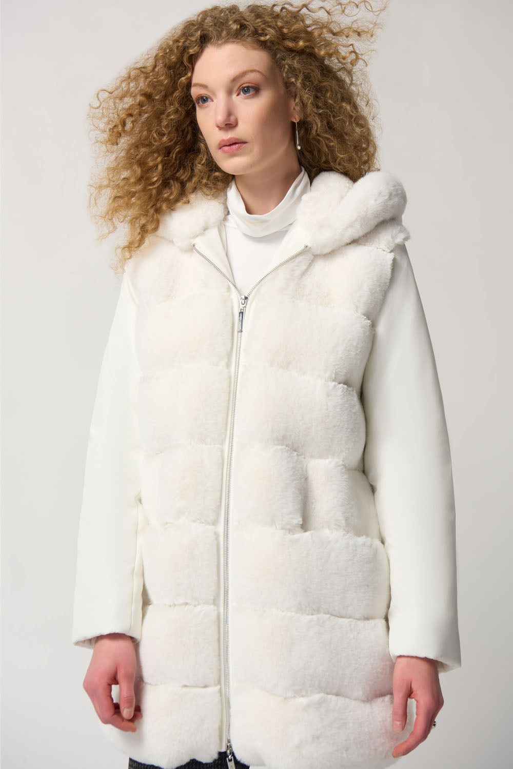 Joseph Ribkoff Vanilla Faux Fur Hooded Coat Style 233925