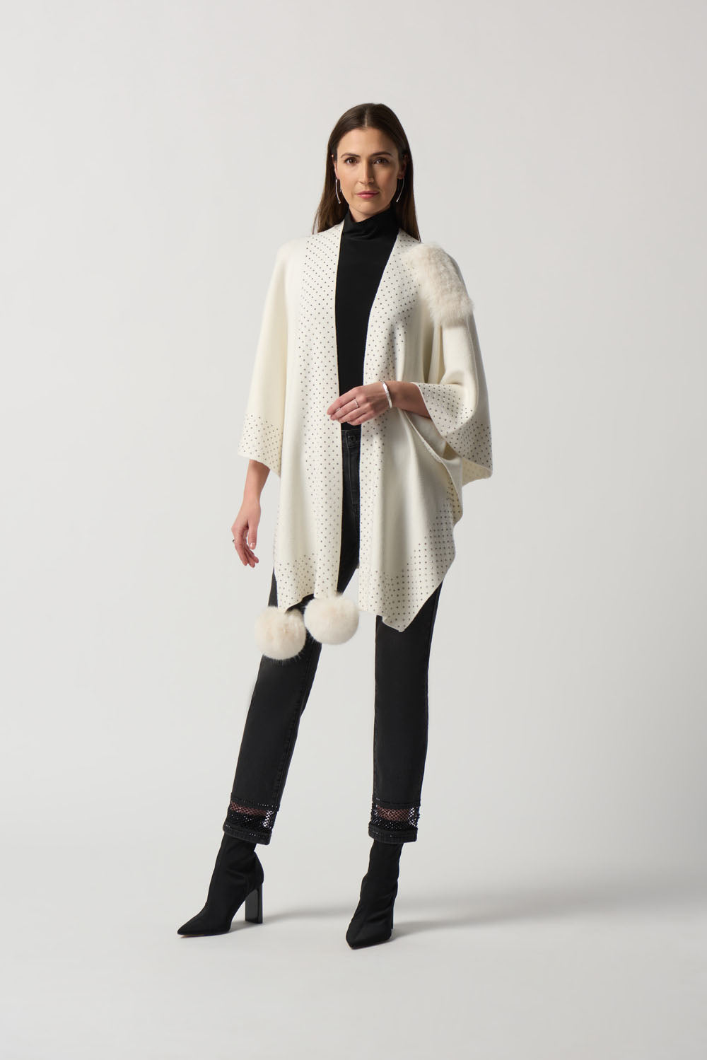 Joseph Ribkoff Winter White Faux Fur Pom Pom Cape Style 233939