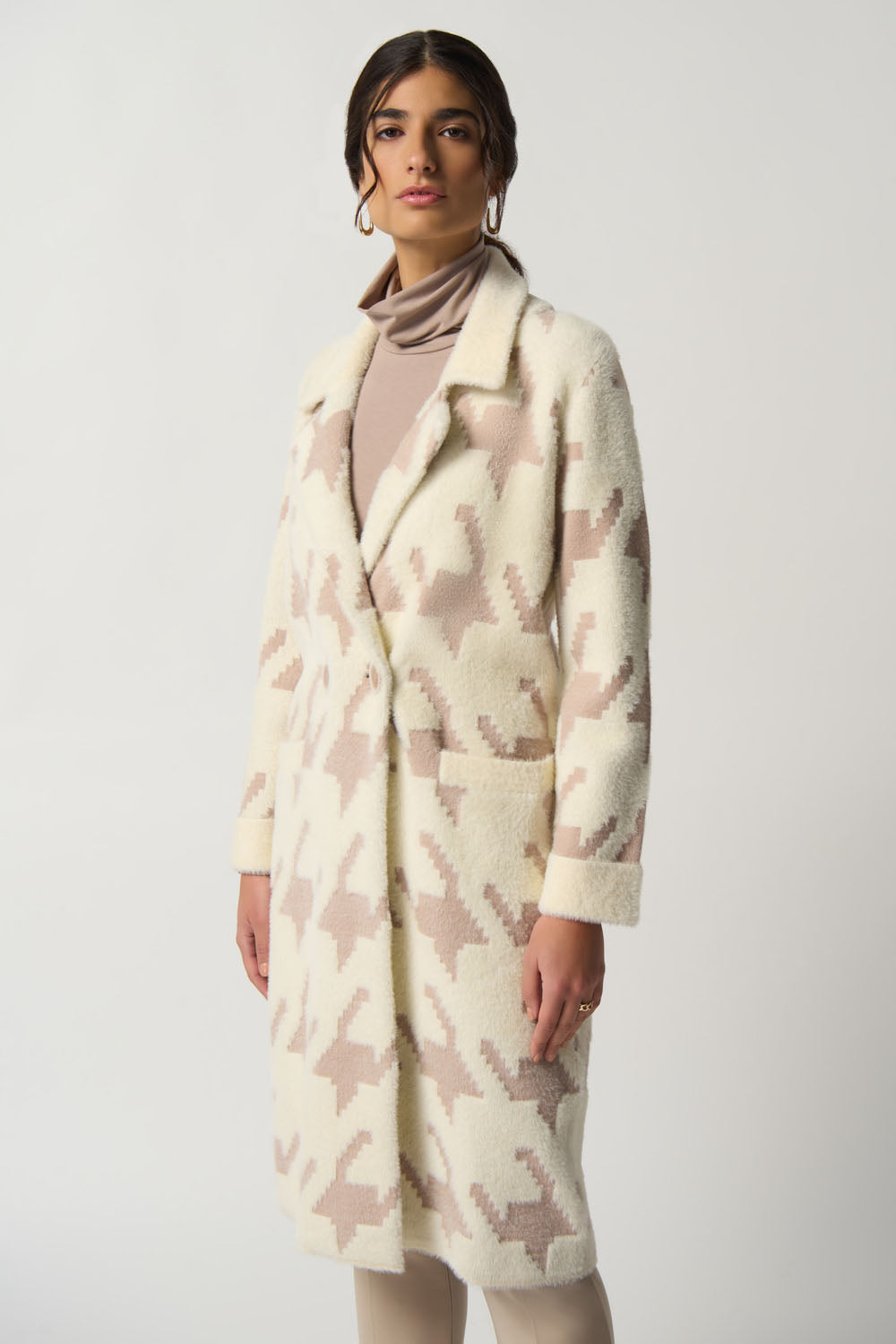 Joseph Ribkoff Winter White/Oatmeal Houndstooth Straight Coat Style 233941